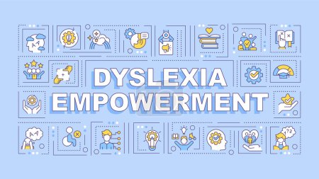 Illustration for Dyslexia empowerment text with various thin line icons concept on blue monochromatic background, editable 2D vector illustration. - Royalty Free Image