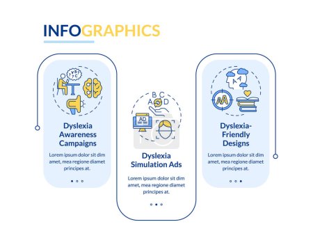 Illustration for 2D dyslexia vector infographics template with thin line icons concept, data visualization with 3 steps, process timeline chart. - Royalty Free Image