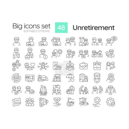 2D editable black big line icons set representing unretirement, isolated vector, linear illustration.