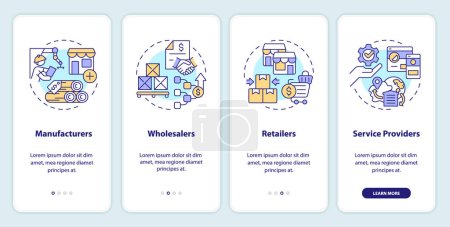 Illustration for 2D icons representing vendor management mobile app screen set. Walkthrough 4 steps multicolor graphic instructions with thin line icons concept, UI, UX, GUI template. - Royalty Free Image