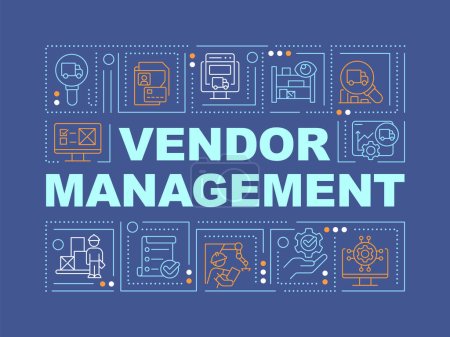 Vendor management text with various thin line icons concept on dark blue monochromatic background, editable 2D vector illustration.