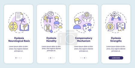 2D icons representing dyslexia mobile app screen set. Walkthrough 4 steps multicolor graphic instructions with thin linear icons concept, UI, UX, GUI template.