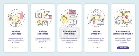 Illustration for 2D icons representing dyslexia mobile app screen set. Walkthrough 5 steps colorful graphic instructions with linear icons concept, UI, UX, GUI template. - Royalty Free Image