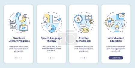 Illustration for 2D multicolor icons representing dyslexia mobile app screen set. Walkthrough 4 steps graphic instructions with thin line icons concept, UI, UX, GUI template. - Royalty Free Image