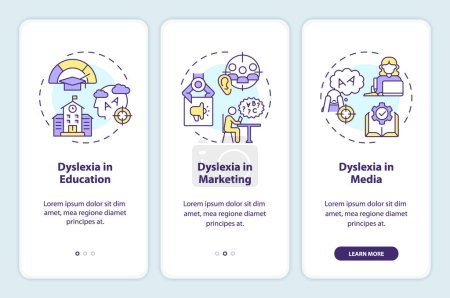 Illustration for 2D icons representing dyslexia mobile app screen set. Walkthrough 3 steps multicolor graphic instructions with line icons concept, UI, UX, GUI template. - Royalty Free Image