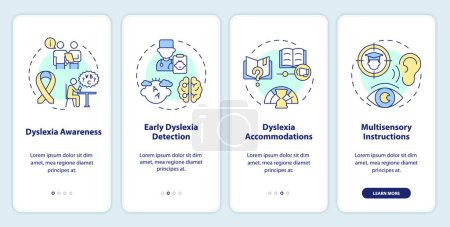 Illustration for 2D icons representing dyslexia mobile app screen set. Walkthrough 4 steps multicolor graphic instructions with linear icons concept, UI, UX, GUI template. - Royalty Free Image