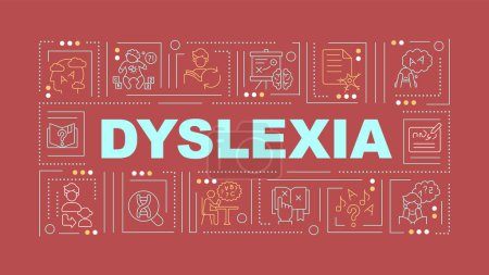 Illustration for 2D dyslexia text with various thin linear icons concept on red monochromatic background, editable 2D vector illustration. - Royalty Free Image