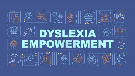 Illustration for Dyslexia empowerment text with various thin line icons concept on dark blue monochromatic background, editable 2D vector illustration. - Royalty Free Image