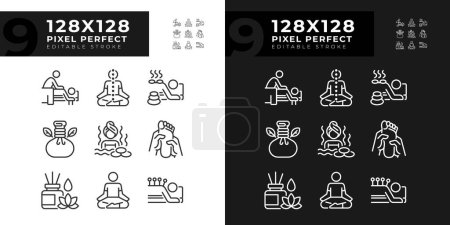 Pixel perfect icons set representing meditation, editable light and dark mode thin line wellness illustration.