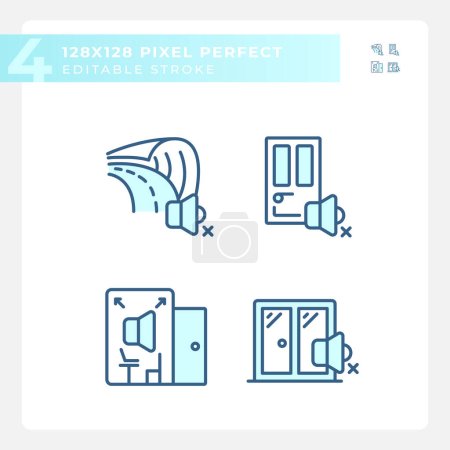 Téléchargez les illustrations : Pixel parfait pack d'icônes bleues représentant l'insonorisation, illustration de ligne mince modifiable. - en licence libre de droit