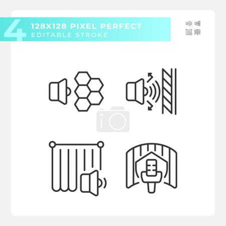 2D pixel perfect black icons set representing soundproofing, editable thin line illustration.