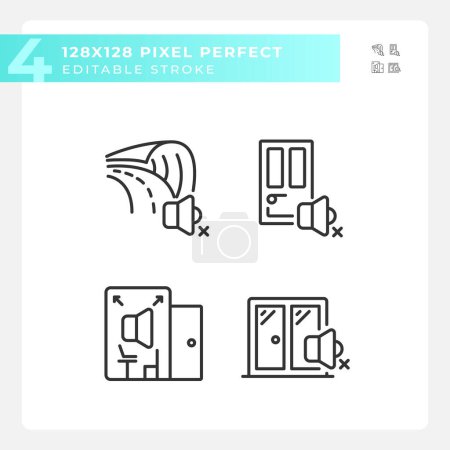 Téléchargez les illustrations : Pixel parfait pack d'icônes noires représentant l'insonorisation, illustration de ligne mince modifiable. - en licence libre de droit