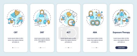 Illustration for 2D icons representing behavioral therapy mobile app screen set. Walkthrough 5 steps multicolor graphic instructions with linear icons concept, UI, UX, GUI template. - Royalty Free Image