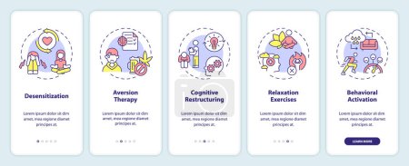 Illustration for 2D icons representing behavioral therapy mobile app screen set. Walkthrough 5 steps colorful graphic instructions with thin line icons concept, UI, UX, GUI template. - Royalty Free Image