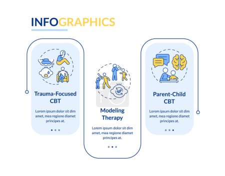 Illustration for 2D behavioral therapy vector infographics template with thin line icons concept, data visualization with 3 steps, process timeline chart. - Royalty Free Image