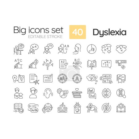 Ensemble d'icônes de ligne mince noire modifiable en 2D représentant la dyslexie, vecteur isolé, illustration linéaire.