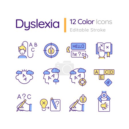 Téléchargez les illustrations : Ensemble d'icônes fines multicolores modifiables en 2D représentant la dyslexie, vecteur isolé, illustration linéaire. - en licence libre de droit