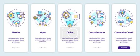 Illustration for 2D icons representing MOOC mobile app screen set. Walkthrough 5 steps multicolor graphic instructions with thin linear icons concept, UI, UX, GUI template. - Royalty Free Image