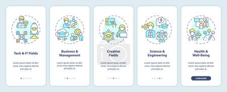 Illustration for 2D icons representing MOOC mobile app screen set. Walkthrough 5 steps multicolor graphic instructions with linear icons concept, UI, UX, GUI template. - Royalty Free Image