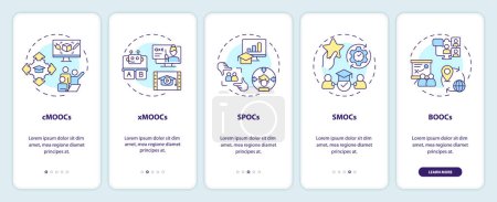 Illustration for 2D icons representing MOOC mobile app screen set. Walkthrough 5 steps colorful graphic instructions with line icons concept, UI, UX, GUI template. - Royalty Free Image