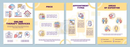 Ilustración de Plantilla de folleto de terapia en línea amarilla 2D, diseño de folletos con iconos lineales delgados, 4 diseños de vectores. - Imagen libre de derechos