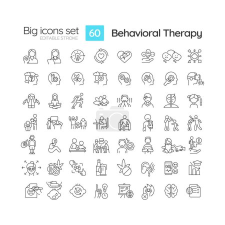 Illustration for 2D editable black big line icons set representing behavioral therapy, isolated vector, linear illustration. - Royalty Free Image