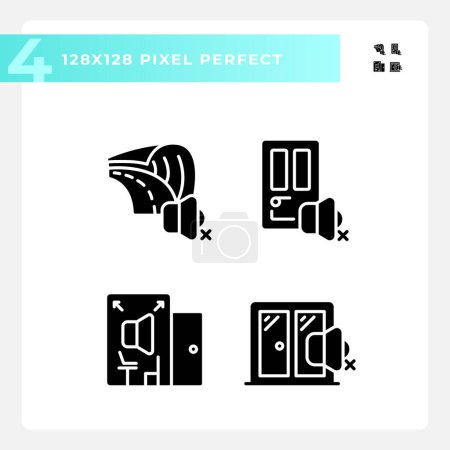 Téléchargez les illustrations : Pixel parfait pack d'icônes de style glyphe représentant l'insonorisation, illustration de silhouette, pictogramme simple solide. - en licence libre de droit