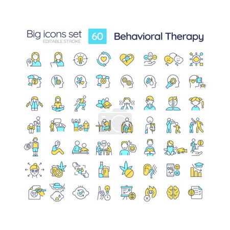 Ensemble d'icônes multicolores montables 2D représentant la thérapie comportementale, vecteur isolé, illustration linéaire.
