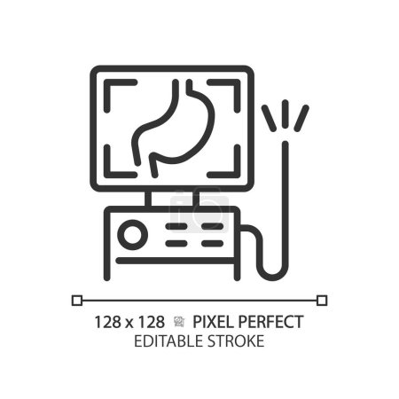 Illustration for Endoscope pixel perfect linear icon. Medical tool. Flexible tube. Health diagnosis. Gastrointestinal system. Thin line illustration. Contour symbol. Vector outline drawing. Editable stroke - Royalty Free Image