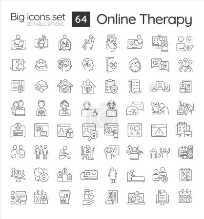 2D editable black big line icons set representing online therapy, isolated vector, linear illustration.