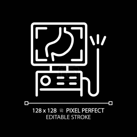 Illustration for Endoscope pixel perfect white linear icon for dark theme. Medical tool. Health diagnosis. Gastrointestinal system. Thin line illustration. Isolated symbol for night mode. Editable stroke - Royalty Free Image