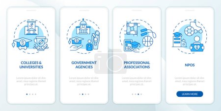 Illustration for 2D icons representing athletic scholarship mobile app screen set. Walkthrough 4 steps blue graphic instructions with line icons concept, UI, UX, GUI template. - Royalty Free Image