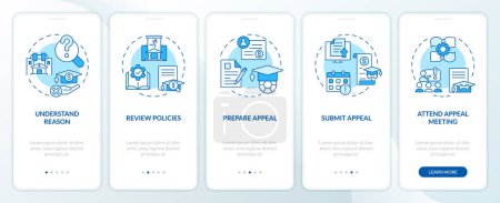 Illustration for 2D icons representing athletic scholarship mobile app screen set. Walkthrough 5 steps blue graphic instructions with line icons concept, UI, UX, GUI template. - Royalty Free Image