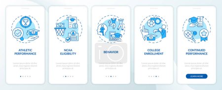 Illustration for 2D icons representing athletic scholarship mobile app screen set. Walkthrough 5 steps blue graphic instructions with linear icons concept, UI, UX, GUI template. - Royalty Free Image