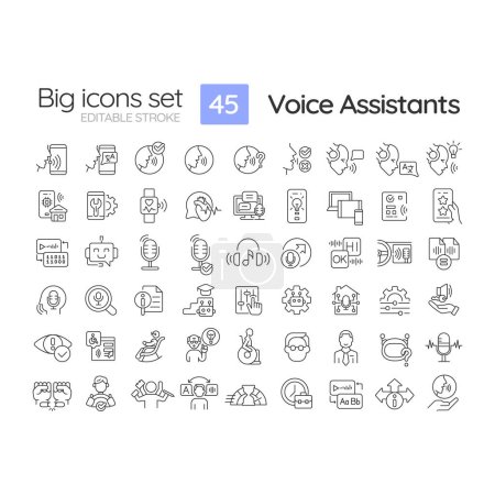 2D editable black thin line big icons set representing voice assistant, isolated vector, linear illustration.