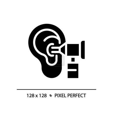Illustration for Otoscope pixel perfect black glyph icon. Medical instrument. Ear health. Physical examination. Nurse consultation. Silhouette symbol on white space. Solid pictogram. Vector isolated illustration - Royalty Free Image