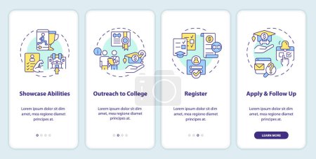 2D icons representing athletic scholarship mobile app screen set. Walkthrough 4 steps multicolor graphic instructions with thin line icons concept, UI, UX, GUI template.