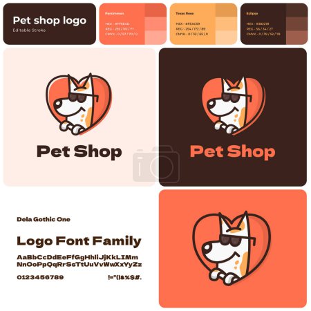 Illustration for Pet shop filled outline colorful business logo. Brand name. Animal care. Dog silhouette in heart symbol. Design element. Stylish visual identity. Dela gothic one font used. Suitable for grooming salon - Royalty Free Image