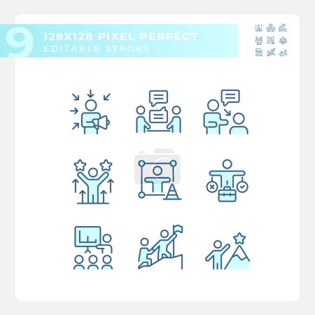 Téléchargez les illustrations : Pixel parfaite icônes bleues représentant les compétences douces, modifiable ligne mince jeu d'illustration. - en licence libre de droit