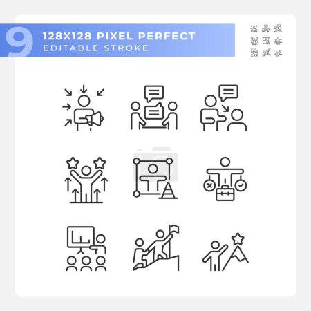 Téléchargez les illustrations : Pixel icônes noires parfaites représentant les compétences douces, éditable ligne mince jeu d'illustration. - en licence libre de droit
