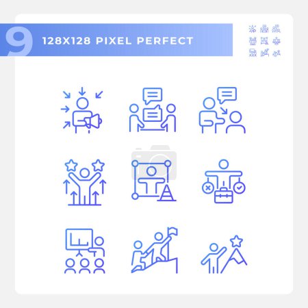 Téléchargez les illustrations : Pixel icônes de dégradé parfait représentant les compétences douces, violet fin jeu d'illustration de ligne. - en licence libre de droit