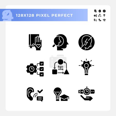 Téléchargez les illustrations : Pixel icônes de style glyphe parfait représentant les compétences douces, jeu d'illustration de silhouette noire. - en licence libre de droit