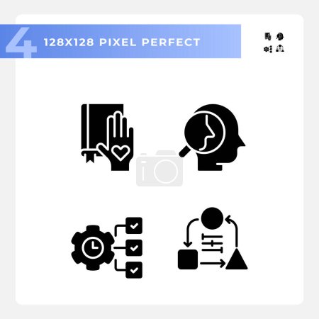 Illustration for Pixel perfect glyph style icons set of soft skills, black silhouette illustration. - Royalty Free Image