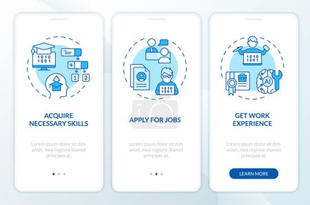 Illustration for 2D icons representing AI engineer mobile app screen set. Walkthrough 3 steps blue graphic instructions with thin line icons concept, UI, UX, GUI template. - Royalty Free Image