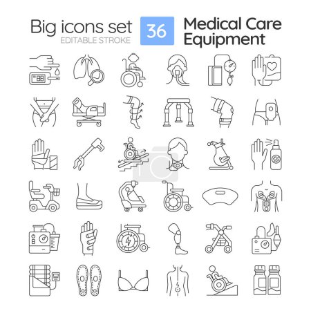 2D pixel perfect black icons pack representing medical equipment, editable thin line illustration.