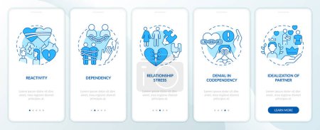 Illustration for 2D icons representing codependent relationship mobile app screen set. Walkthrough 5 steps blue graphic instructions with thin line icons concept, UI, UX, GUI template. - Royalty Free Image