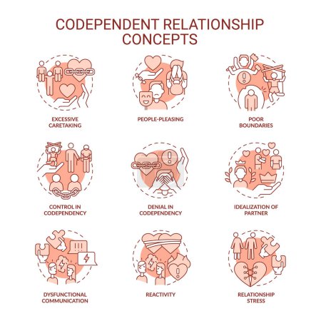 Illustration for 2D editable icons set representing codependent relationship concepts, monochromatic isolated vector, thin line red illustration. - Royalty Free Image