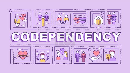 Illustration for Codependency text with various thin line icons concept on purple monochromatic background, editable 2D vector illustration. - Royalty Free Image