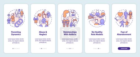 Illustration for 2D icons representing codependent relationship mobile app screen set. Walkthrough 5 steps multicolor graphic instructions with linear icons concept, UI, UX, GUI template. - Royalty Free Image