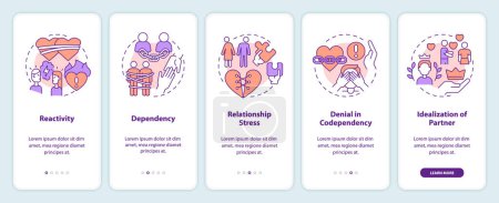 Illustration for 2D icons representing codependent relationship mobile app screen set. Walkthrough 5 steps colorful graphic instructions with thin line icons concept, UI, UX, GUI template. - Royalty Free Image